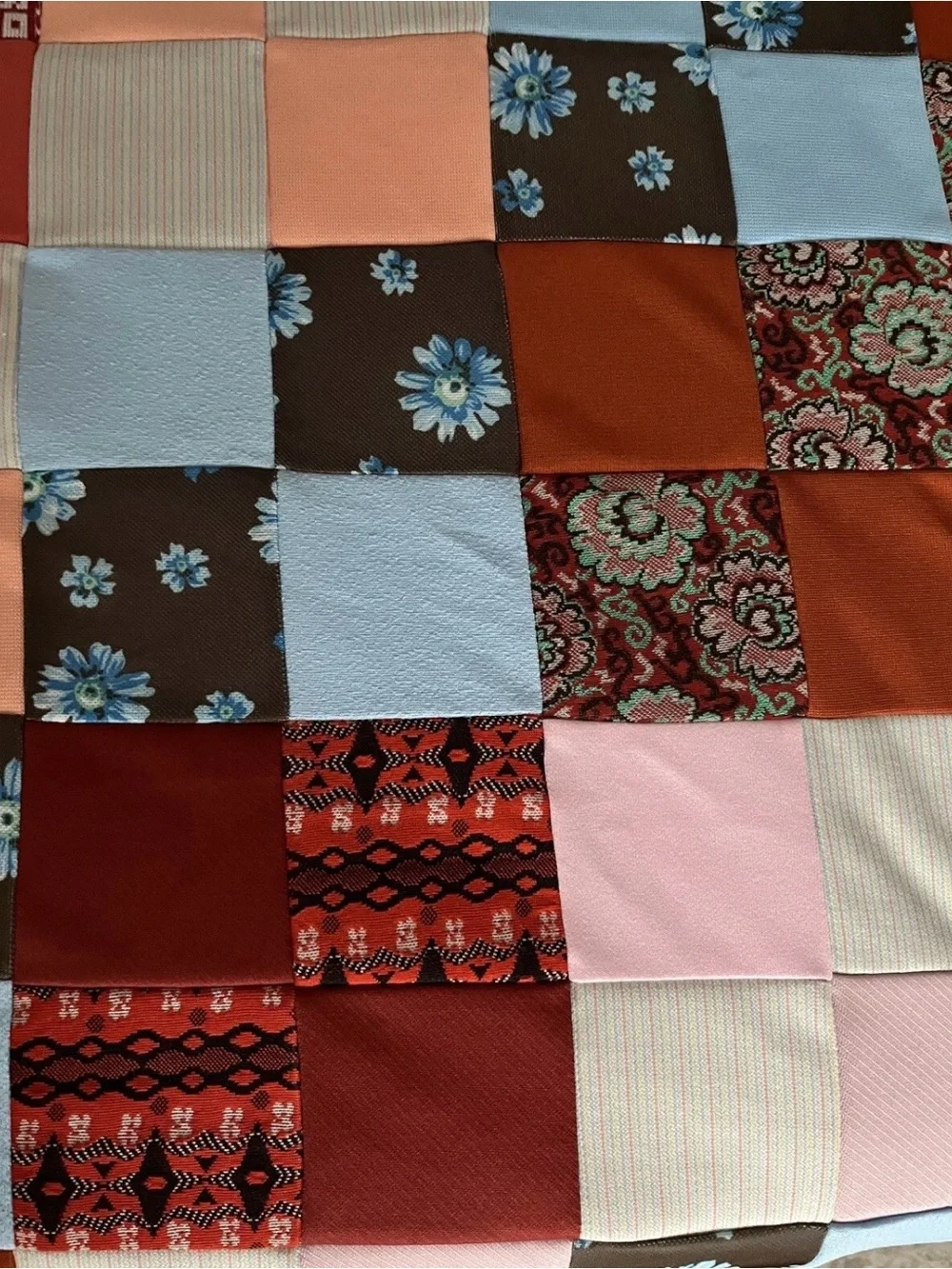 Vintage 1970s Patchwork Quilt Top - Retro Poly Knit Scraps (74